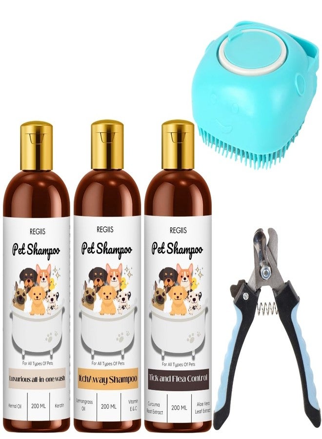 REGIIS Pet Shampoo Set with Massage Brush, All-in-One Dog Wash, Tick Control Formula, 200 ML, Pack of 5 - Image 1